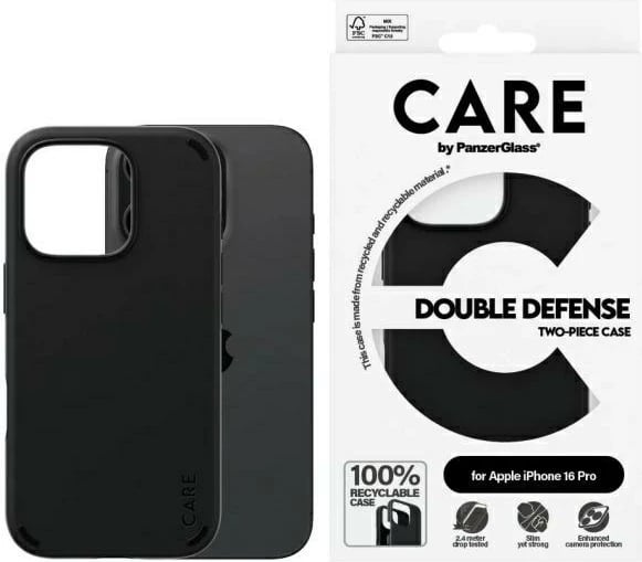 Mbështjellës PanzerGlass CARE Double Defense për iPhone 16 Pro, Zi