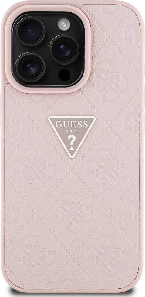 Mbështjellës Guess Hot Stamp 4G Pattern Triangle Metal Logo për iPhone 16 Pro Max, Rozë