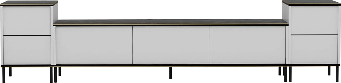 Komodë TV Skye Decor, e bardhë, mermer, me dy komodina