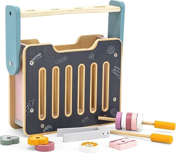 Mini kuzhinë druri, Viga, sobë palosëse me tigan e tenxhere, aksesorë lojë imagjinare 2+ vjeç, multikolor, set