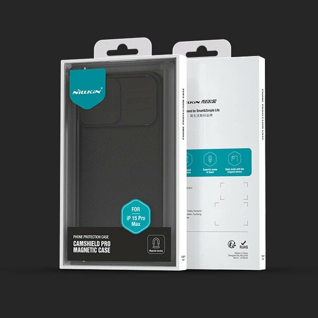 Mbështjellës Nillkin CamShield Pro Magnetic për iPhone 15 Plus, me kapak kamere, i zi