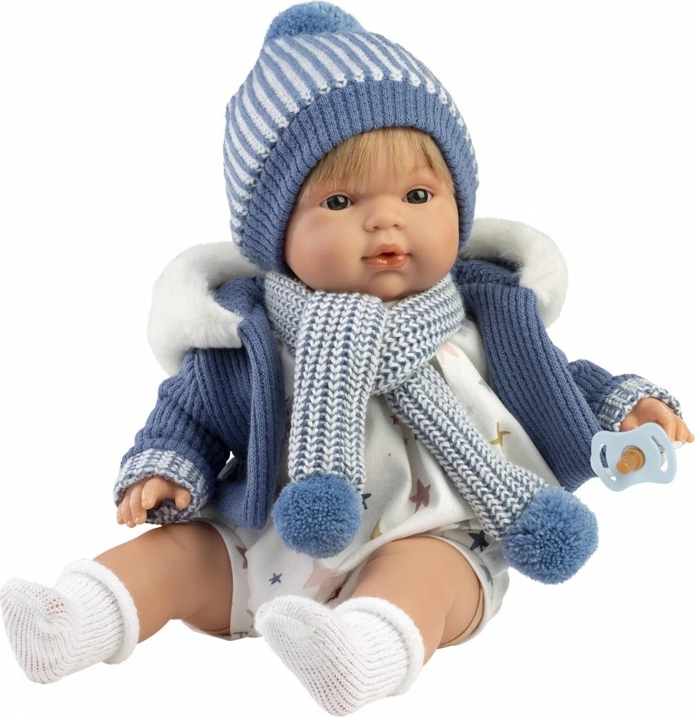 Kukull Llorens Sasha 38573 38 cm që qan, me bateri, material pambuk/vinil, me cicë, set 5 pjesë, blu e bardhë