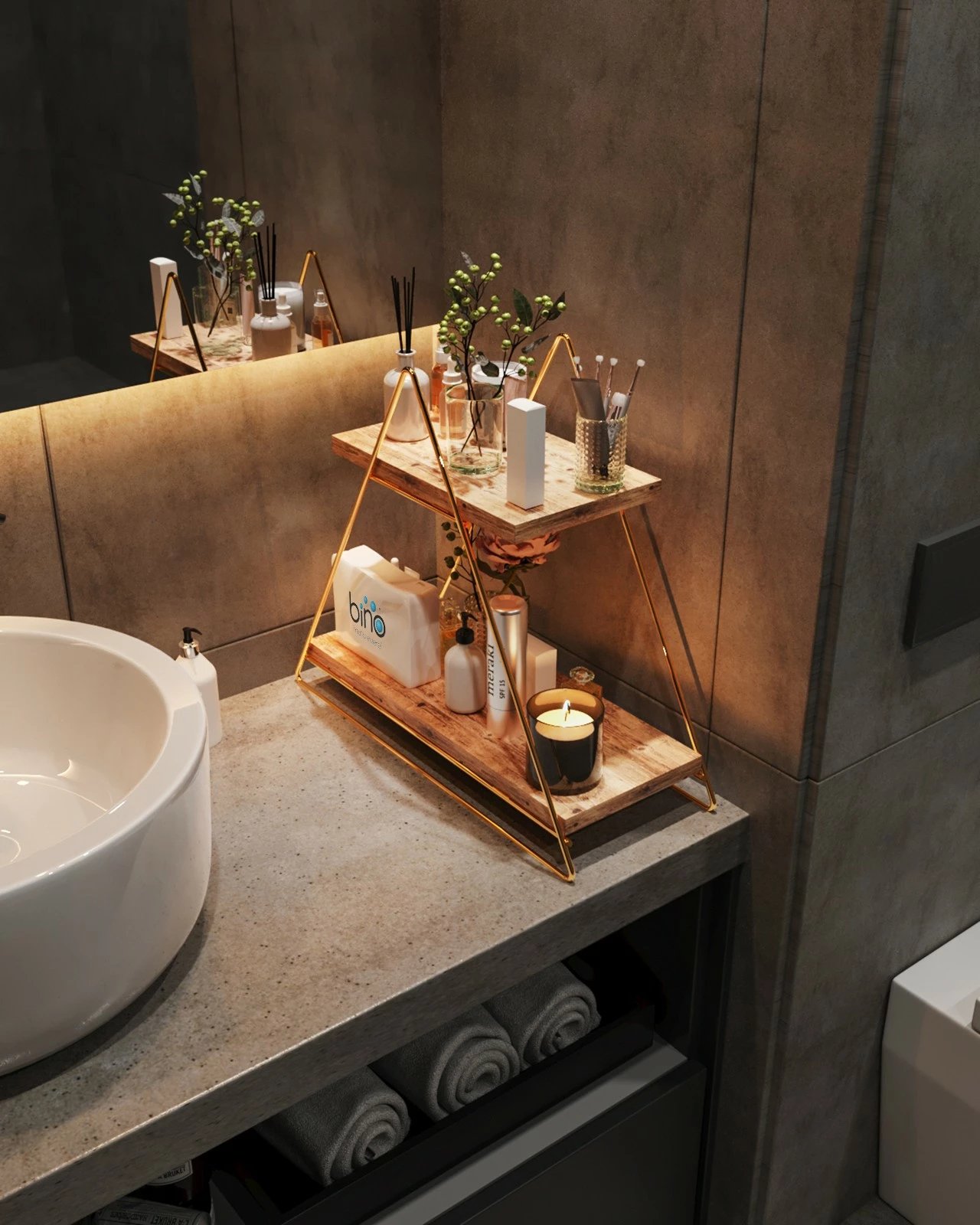 Raft muri prej druri të fortë, ngjyrë ari dhe kafe, Hanah Home, raf organizues shumë qëllimësh, 38x16x42cm