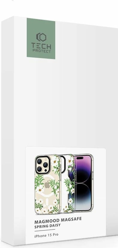 Mbështjellës Tech-Protect MagMood për iPhone 15 Pro, MagSafe, lule me gjethe, i bardhë/transparente
