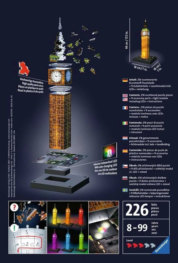 Puzzle 3D Ravensburger Big Ben 216 pjesë me ndriçim LED, 44 cm