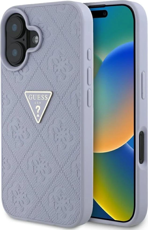 Mbështjellës Guess Hot Stamp 4G Pattern Triangle Metal Logo për iPhone 16, Vjollcë