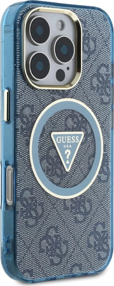 Mbështjellës Guess IML Metal Glitter 4G Circle Triangle MagSafe për iPhone 16 Pro Max, Blu