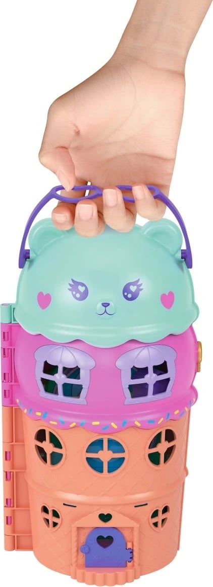 Set lodrash Polly Pocket Ice Cream House, Mattel JFT91, me 2 kukulla dhe 25 aksesorë, shumëngjyrësh