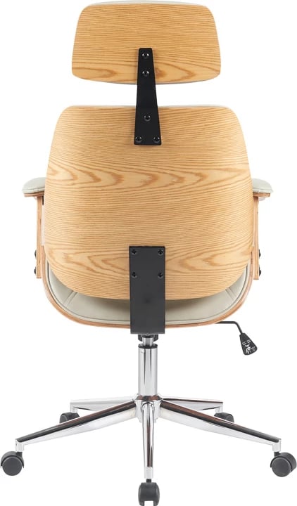 Karrige zyre regjisori Fetseno, lëkurë PU bezhë, bazë kromi, 53x56x113.5-123.5cm