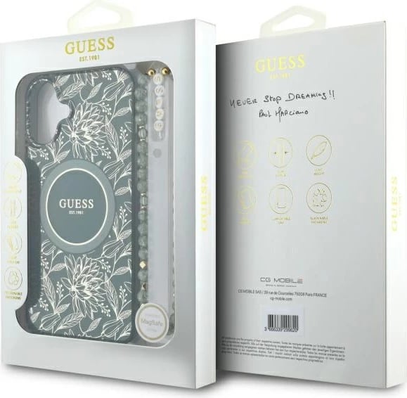 Mbështjellës Guess IML Flowers Allover Electro me rrip perlash MagSafe për iPhone 16 Plus, Gjelbër