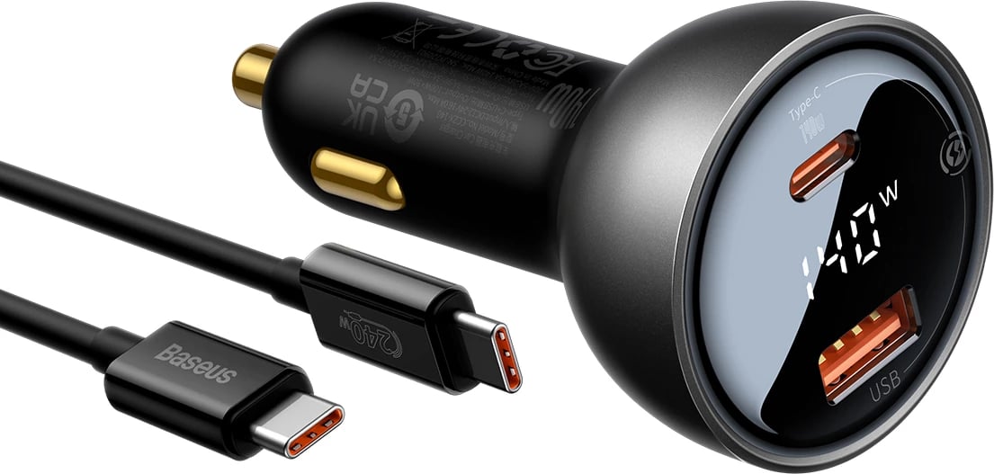 Karikues veture Baseus CGZX070001 me ekran digjital, 140W, USB-A/USB-C, me kabllo USB-C 1m, zi