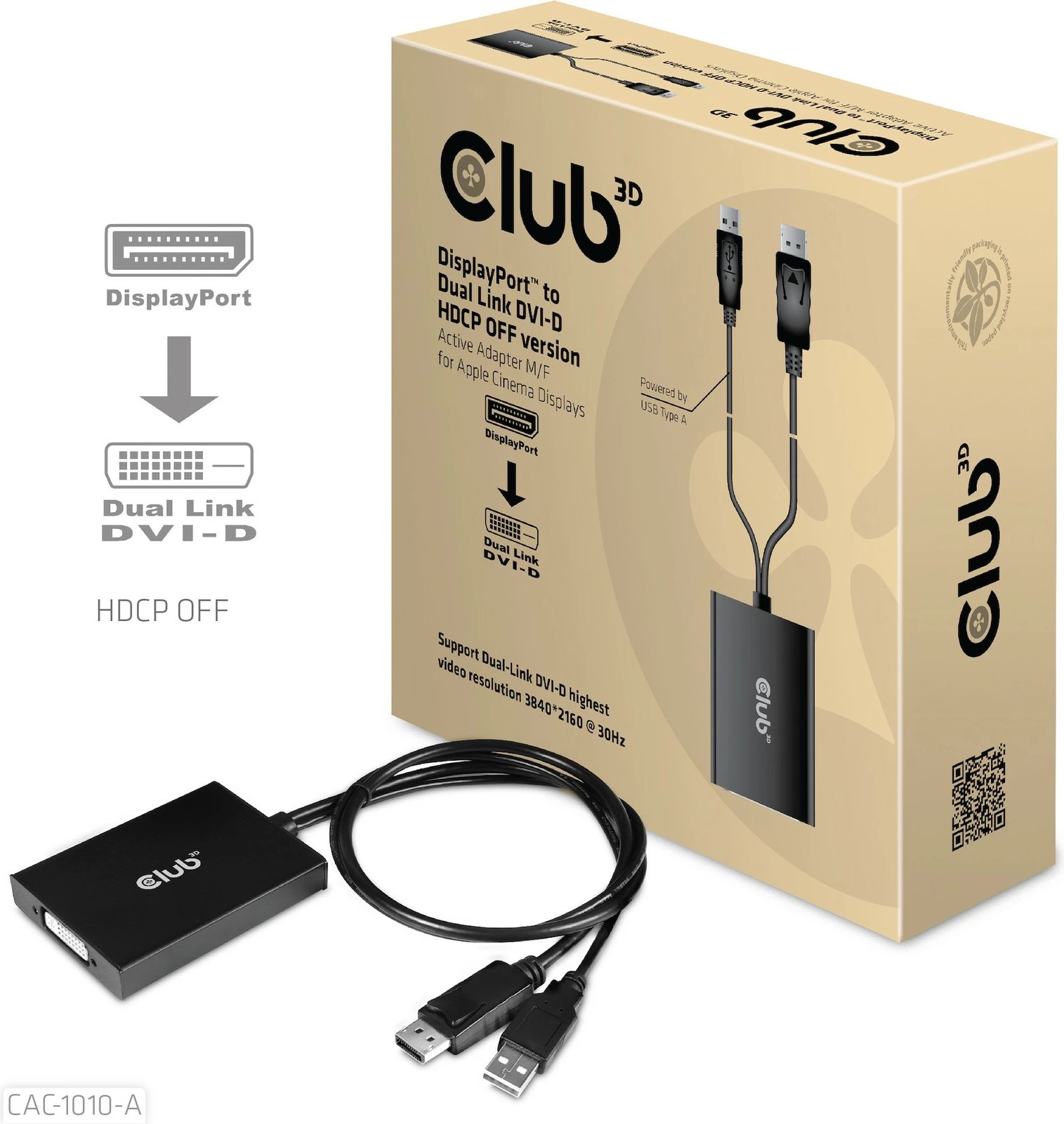 Adapter Club3D DisplayPort në DVI-D Dual Link + USB, 0.6m, HDCP OFF
