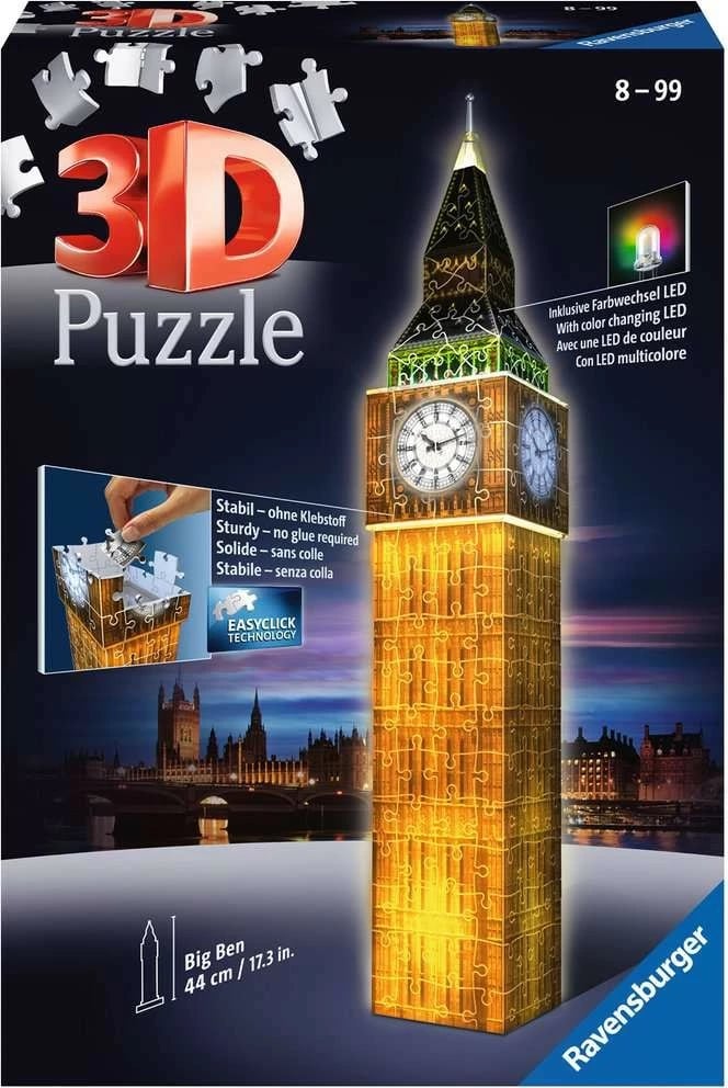 Puzzle 3D Ravensburger Big Ben 216 pjesë me ndriçim LED, 44 cm