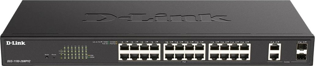 Switch D-Link DGS-1100-26MPV2 24x GbE PoE+, buxhet 370W, desktop/rack, zezë