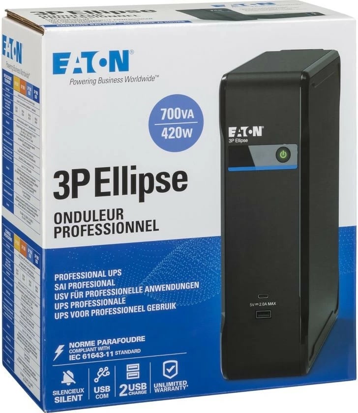 UPS Eaton 3P Ellipse 700 USB DIN 700 VA 420 W 4x Schuko hyrje C14 USB-A/USB-C dizajn kullë e zezë