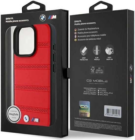 Mbështjellës BMW M Perforated And Stitched Line MagSafe për iPhone 16 Pro, i kuq
