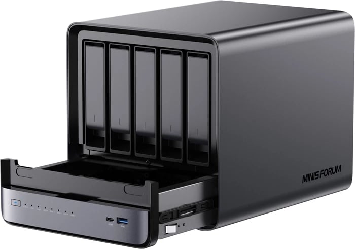 Kompjuter mini NAS, Minis Forum NAS N5 Pro, AMD Ryzen AI 9 HX Pro 370, 32GB RAM 128GB SSD, 5 vende për HDD, 10GbE