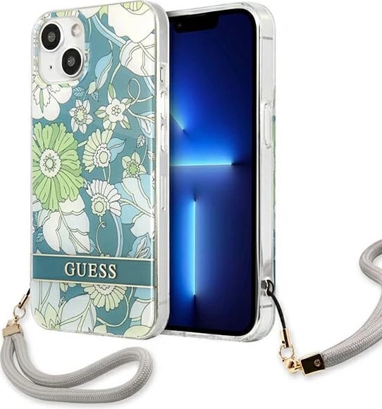 Mbështjellës Guess GUHCP13MHFLSN për iPhone 13 6.1", Flower Strap, Gjelbër
