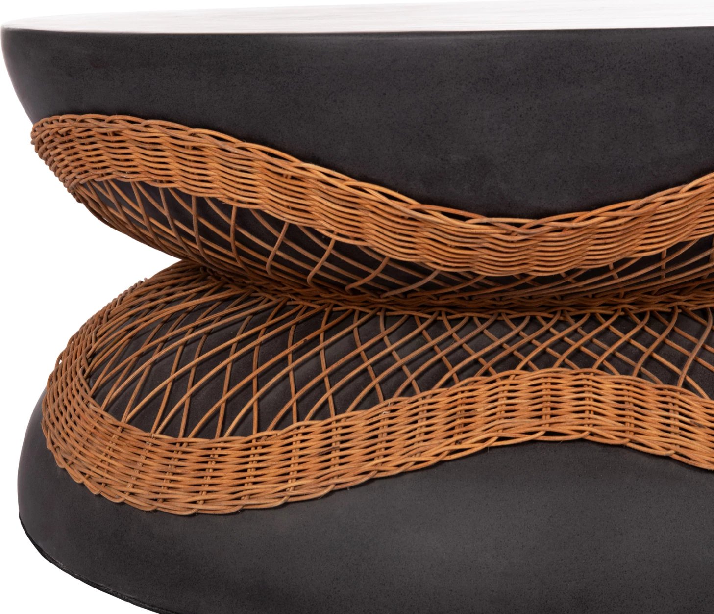 Tavolinë e ulët rrumbullake ANNA, fibër-cement, e zezë, ratan natyral, FH18157.01, 92x44.5cm