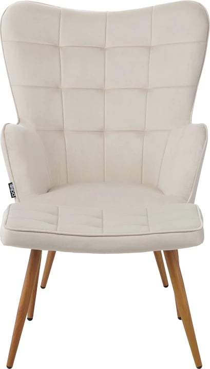 Fotel Maddison me stol këmbësh, kadife krem, këmbë natyrale, 68x72x98cm