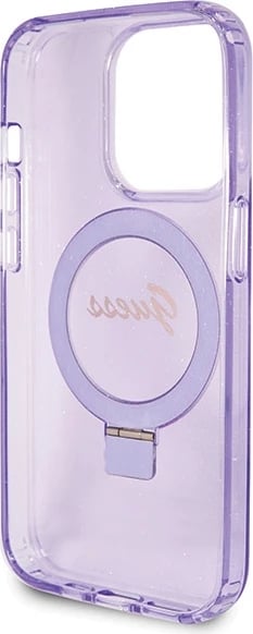 Mbështjellës Guess Ring Stand Script Glitter MagSafe për iPhone 14 Pro, vjollcë