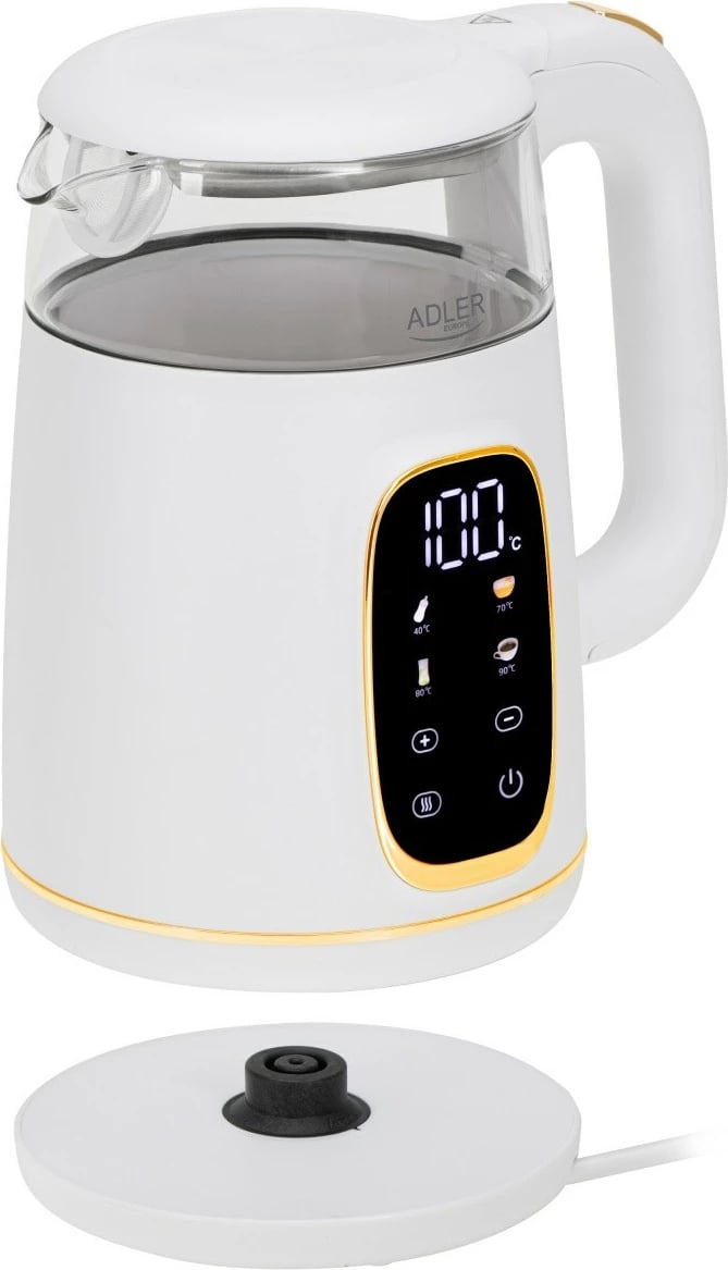 Ibrik elektrik Adler AD 1305WG, 1.7L, me ekran LED, rregullim temperature, Bardhë
