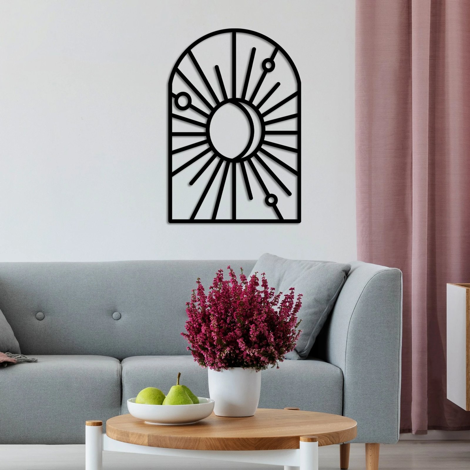 Aksesor dekorativ metalik për mur, dizajn dritare dhe hënë, ngjyrë e zezë, madhësia L