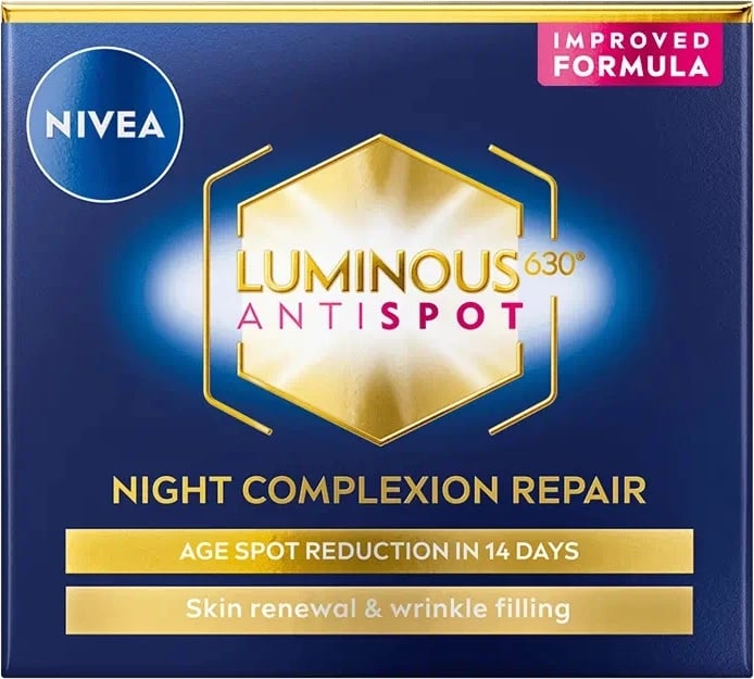 Krem nate për fytyrë Nivea Luminous630 Night Regenerating kundër njollave për femra, 50ml Krem nate për fytyrë Nivea Luminous630 Night Regenerating kundër njollave për femra, 50ml
