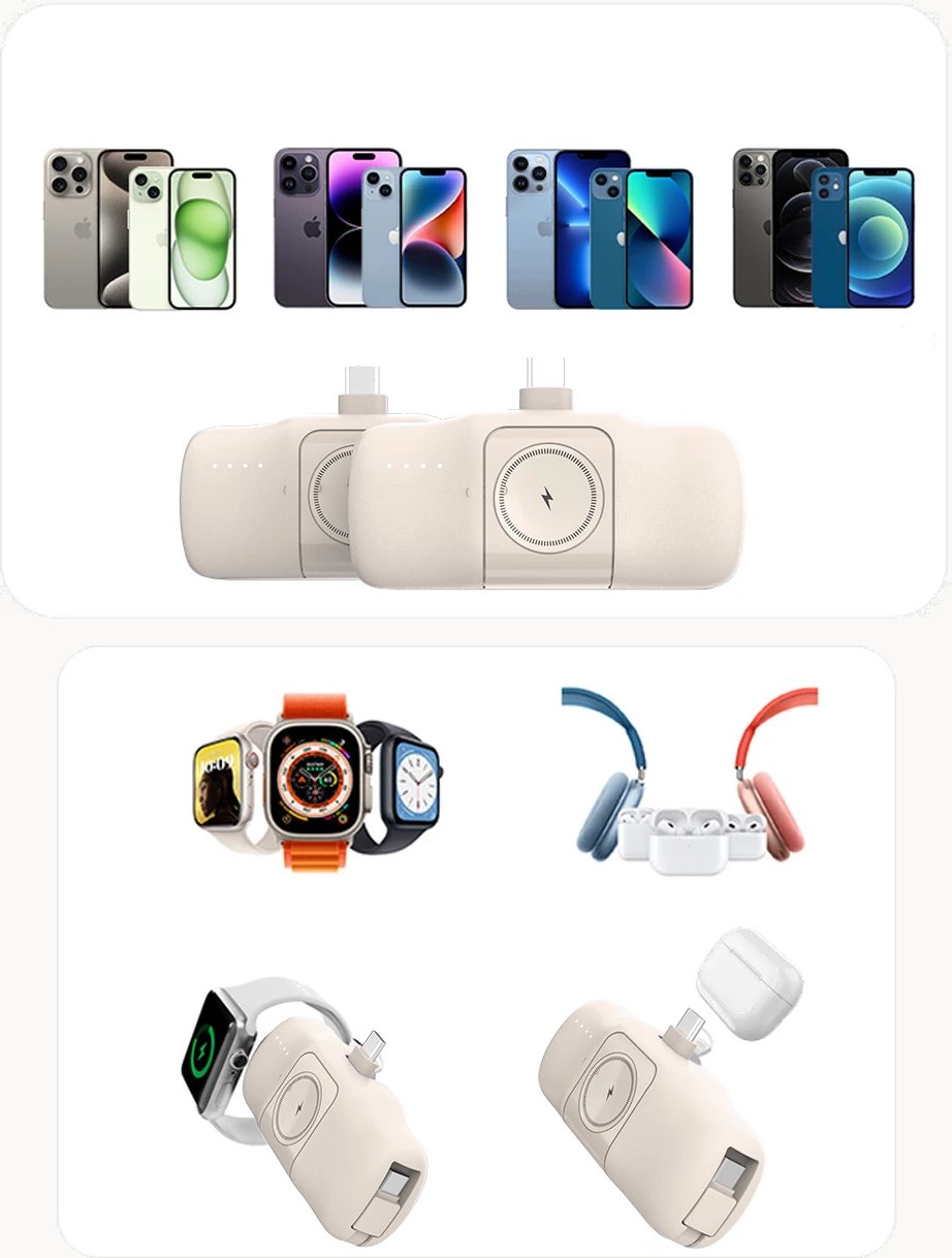 Powerbank Wozinsky WF16-YLS, 5000mAh, 15W, me kabllo USB-C të integruar dhe karikues për Apple Watch, Bezhe