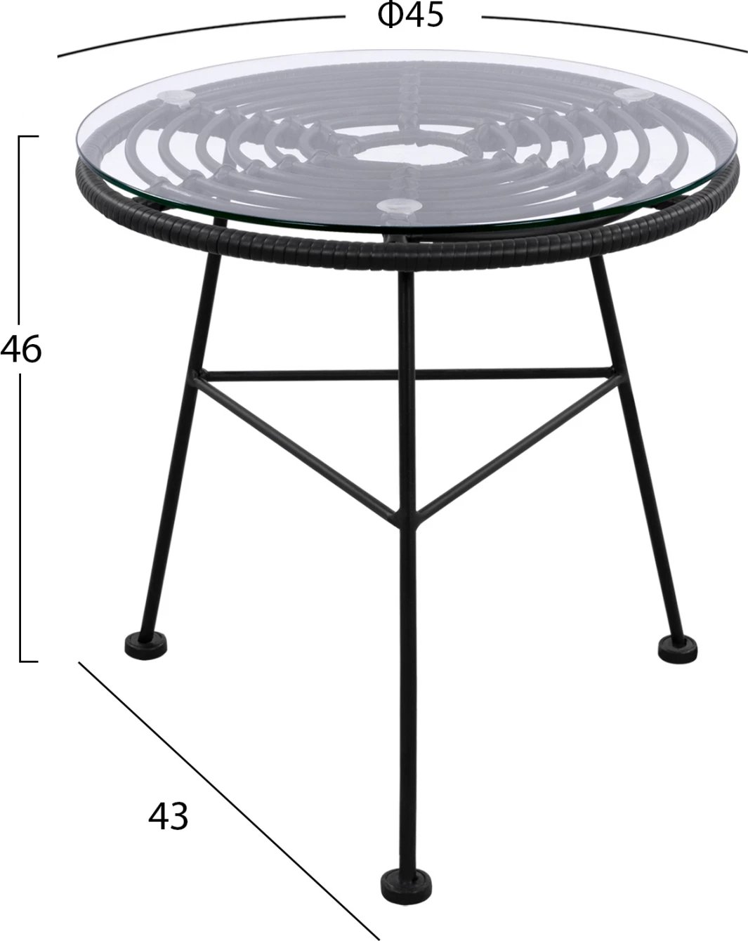 Tavolinë metalike Allegra me thurje, ngjyrë e zezë dhe xham, FH5459.02, 45x46cm
