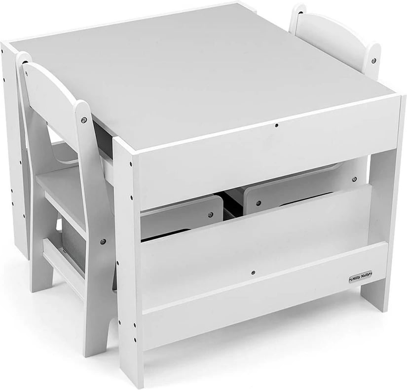 Set mobilje për fëmijë, Milly Mally Sven, tavolinë + 2 karrige, me depozitim dhe dërrasë për shkumës, e bardhë, set 3 pjesë