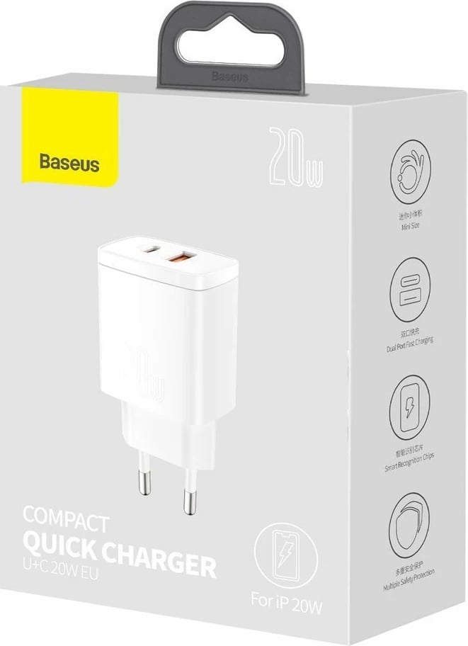 Karikues muri Baseus CCXJ-B02, 20W, 2 porta (USB-A & USB-C), i bardhë