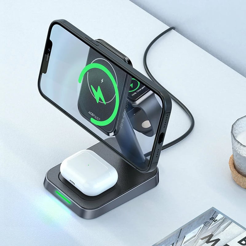 Karikues wireless Acefast E3, 15W, për iPhone me MagSafe, Apple Watch dhe AirPods, i zi