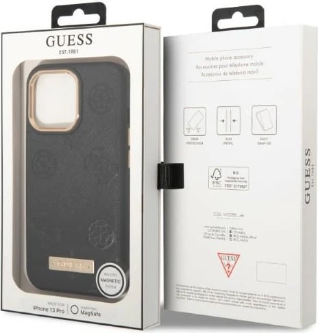 Mbështjellës Guess Peony Logo Plate për iPhone 13/13 Pro 6.1", MagSafe, i zi