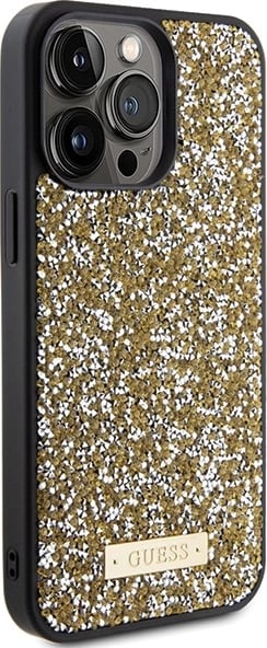 Mbështjellës Guess Rhinestone Metal Logo për iPhone 15 Pro, e verdhë