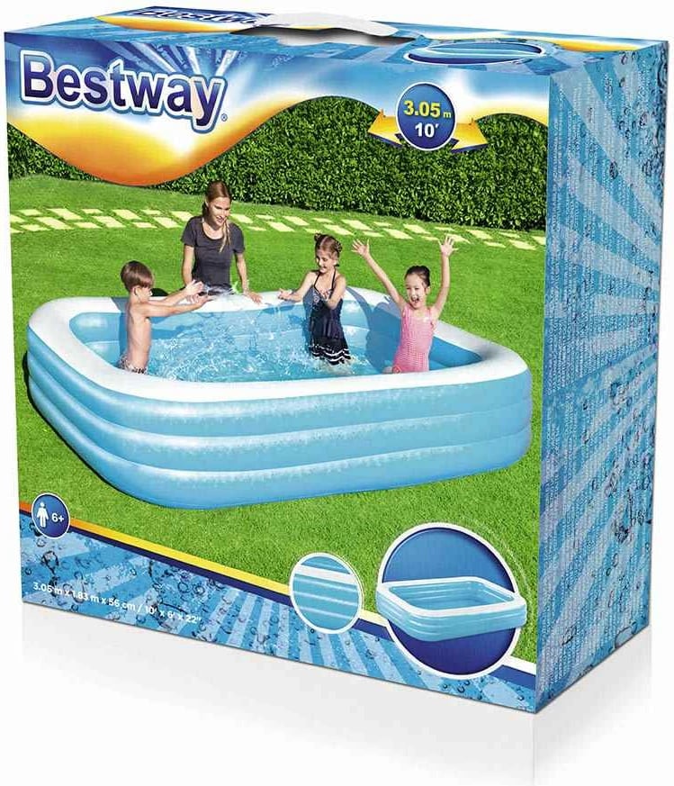 Pishinë e fryrë familjare, Bestway, 305x183x56 cm, 1161 L, 3 dhoma ajri, prizë shkarkimi, blu