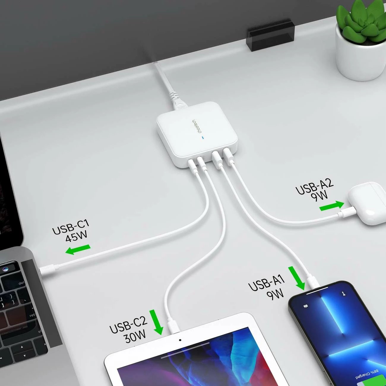 Karikues muri Choetech PD8008, 100W, 2x USB-C, 2x USB-A, i bardhë