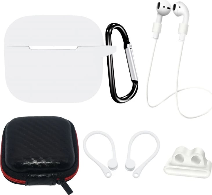 Mbështjellës silikoni për AirPods 3 Hurtel set me karabiner, rrip qafe, mbajtëse për orë, temple, bardhë