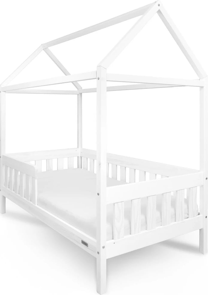 krevat fëmijësh shtëpizë, New Baby CASTELLO, 160x80 cm, gardh mbrojtës dhe dysheme me leta elastike, dru pishe, i bardhë