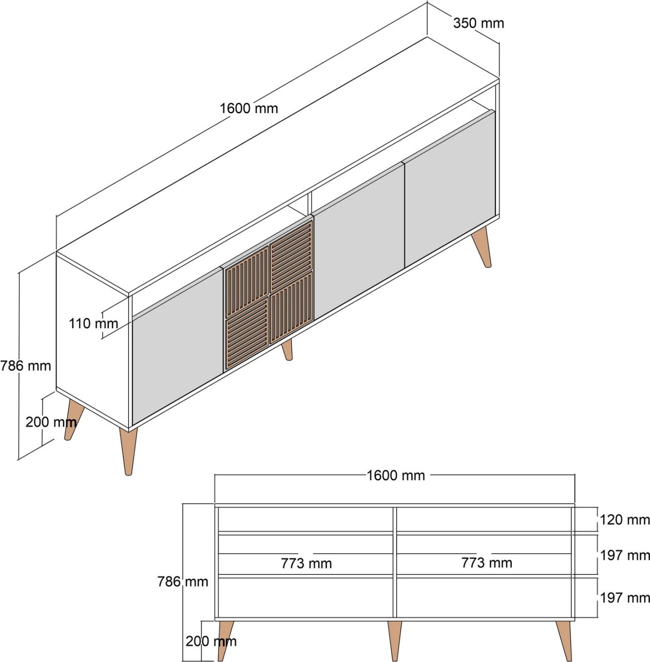 Bufe melamine FH9506.02, ngjyrë arre me dyer pamje mermeri të zi, 160x35x78H cm