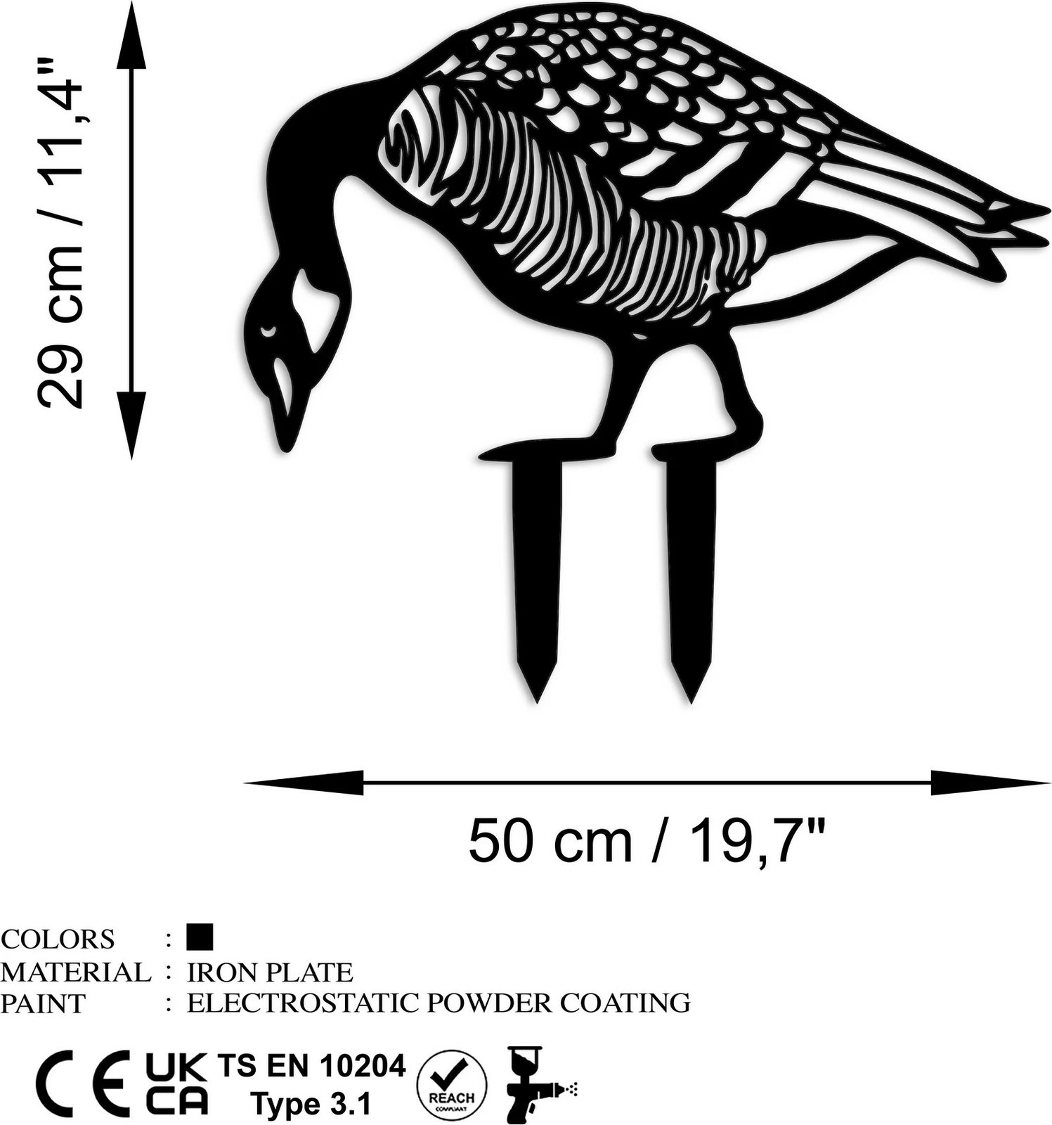 Objekt dekorativ për kopsht, dizajn Aberto, patë, Goose 02, ngjyrë e zezë, 44x50cm