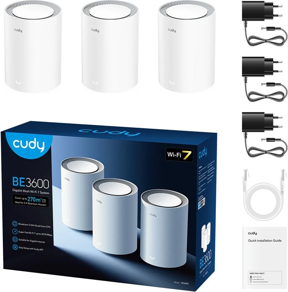 Mesh sistem Cudy M3600, Wi-Fi 7, Dual-band, 3 copë, Bardhë