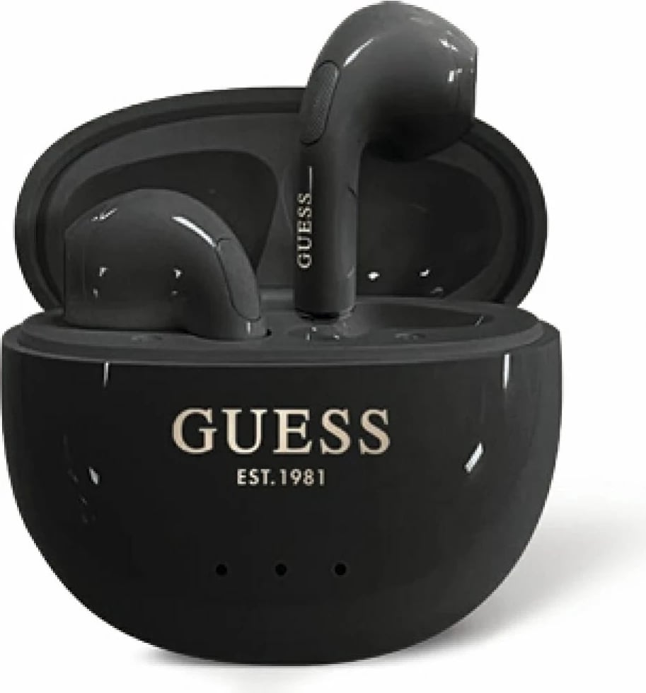 Kufje TWS Guess Glossy Effect, logo klasike, Bluetooth 5.4, IPX4, të zeza