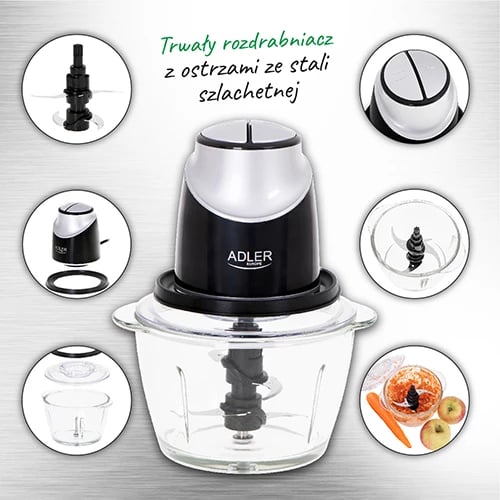 Grirës kuzhine, Adler AD 4082, tas qelqi 1.2L, 4 tehe inoksi, 2 shpejtësi, 300W