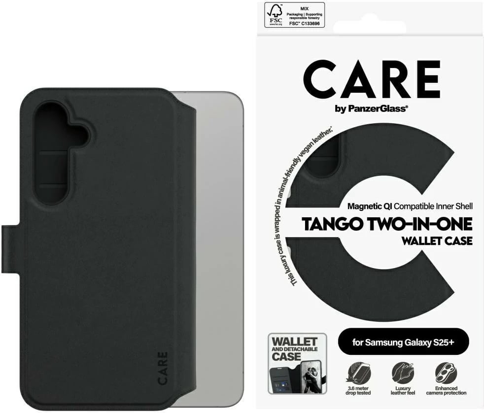 Mbështjellës portofol 2-në-1 PanzerGlass CARE Tango për Samsung Galaxy S25+, e zezë