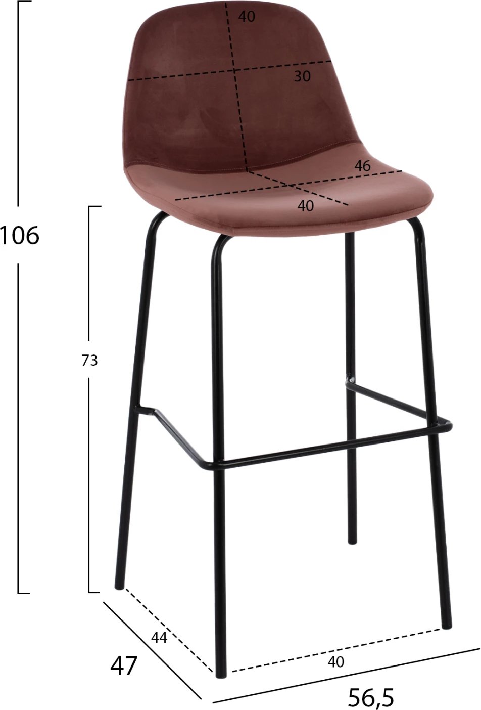 Karrige për bar Vincent, kadife ngjyrë rozë e pluhurosur dhe kornizë metali, FH8579.12, 56.5x47x106 cm, set prej 4 copash