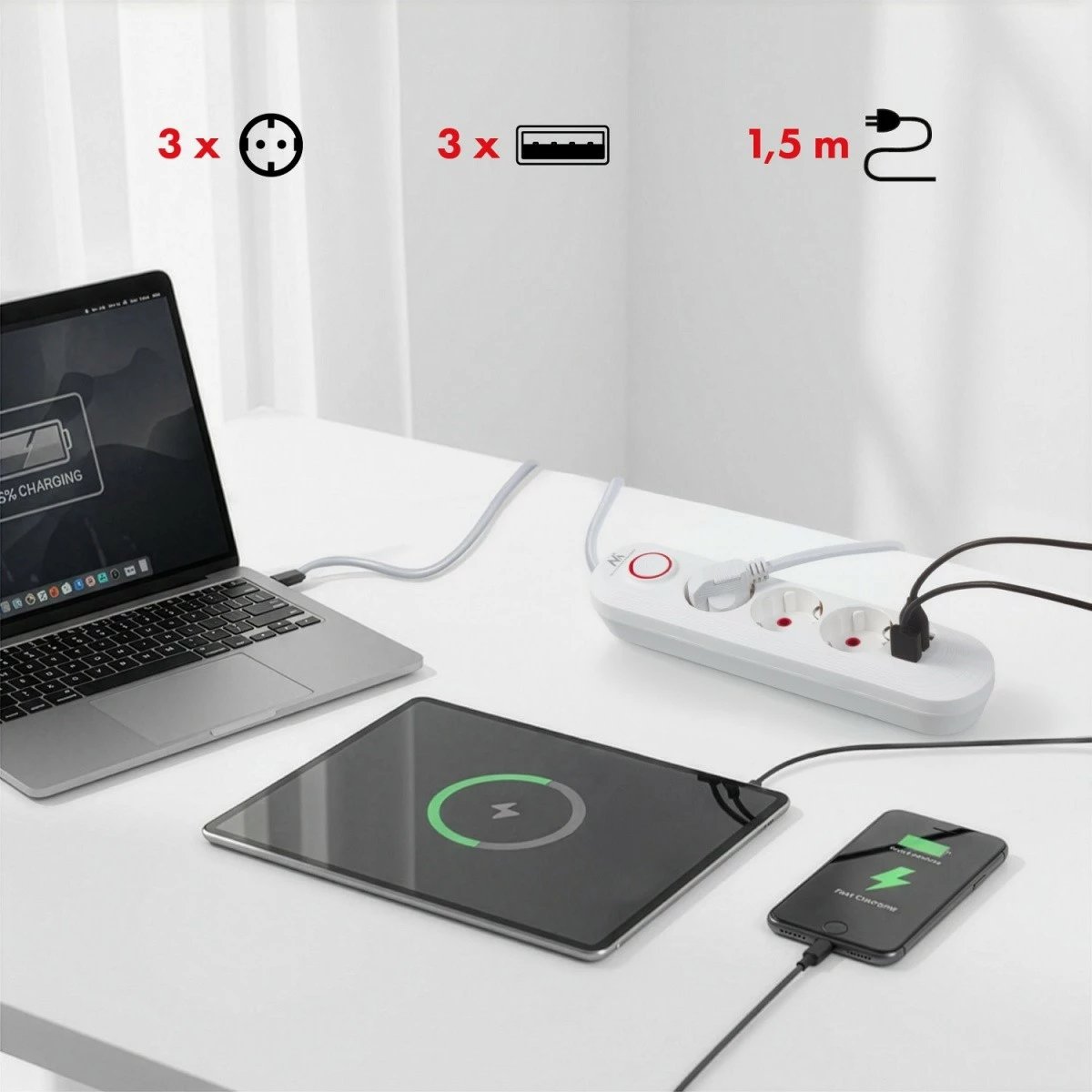 zgjatës elektrik, Maclean, MCE394 W, 3x Schuko + 3x USB, kabllo 1.5 m, 2500 W, 110-240V 50/60Hz, çelës ON/OFF, i bardhë