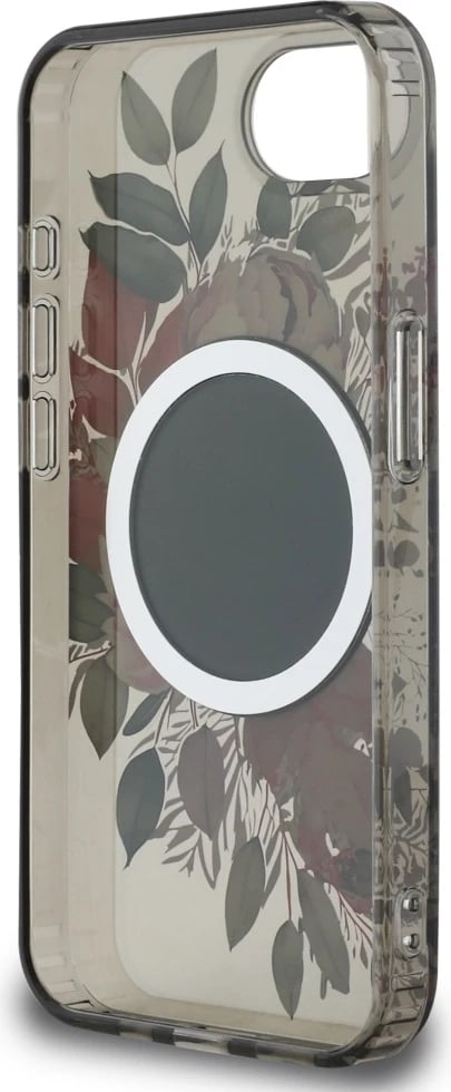 Mbështjellës Guess IML Flowers MagSafe për iPhone 16e, i zi Mbështjellës Guess IML Flowers MagSafe për iPhone 16e, i zi