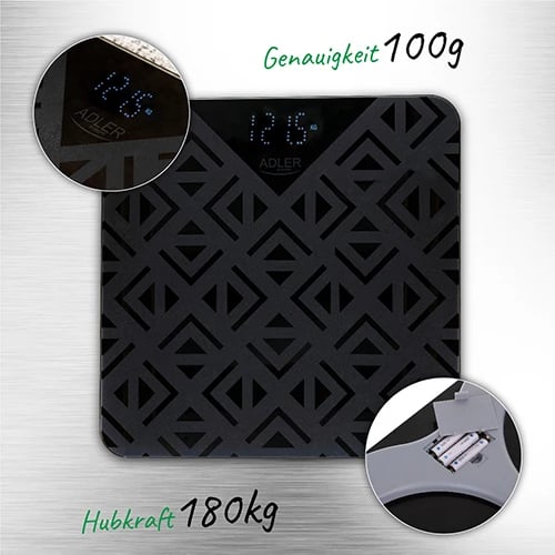 Peshore banjoje, Adler, AD 8170, 180 kg, ekran LED, xham i temperuar, e zezë, me bateri Peshore banjoje, Adler, AD 8170, 180 kg, ekran LED, xham i temperuar, e zezë, me bateri