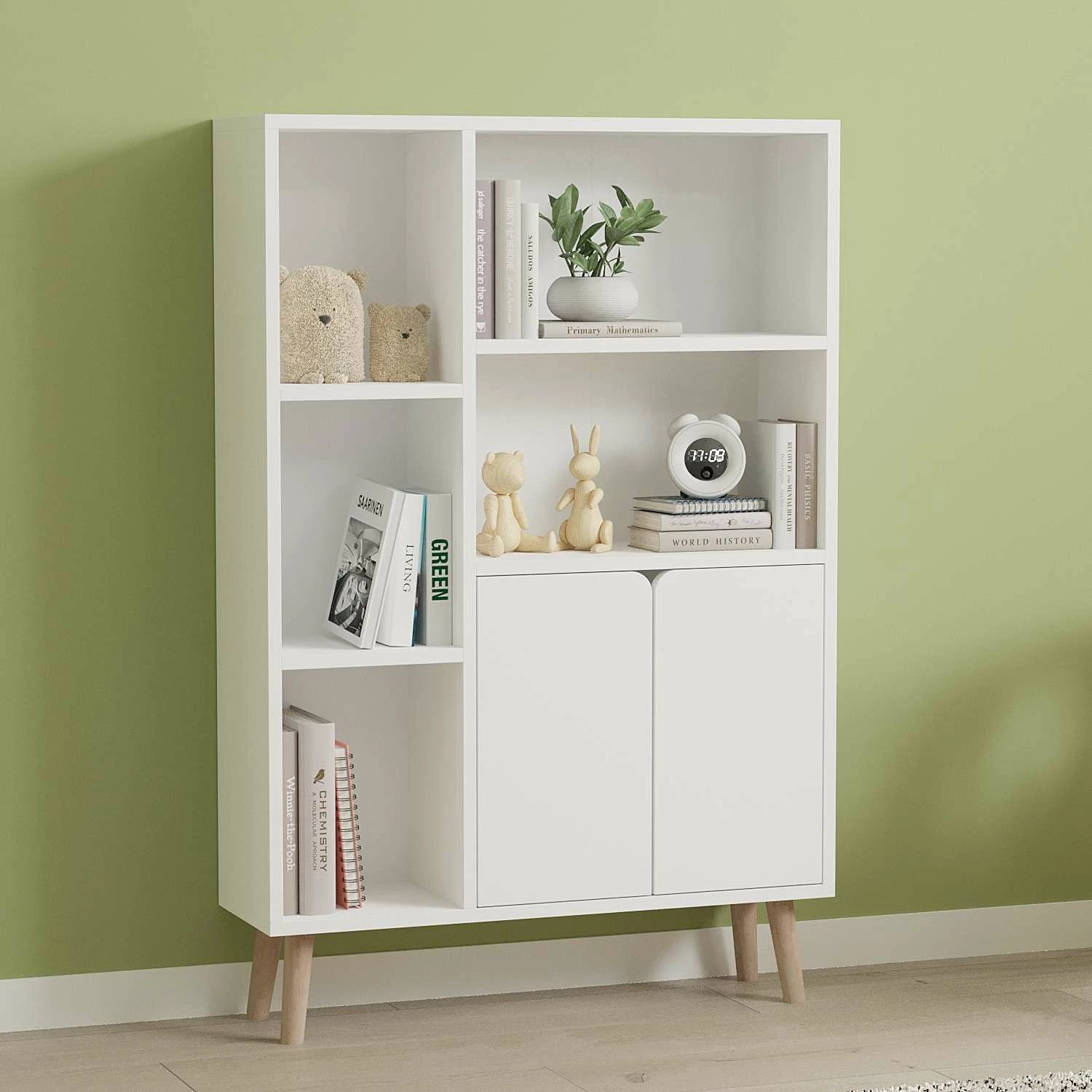 Raft librash Skye Decor, ngjyrë e bardhë, këmbë druri ahu